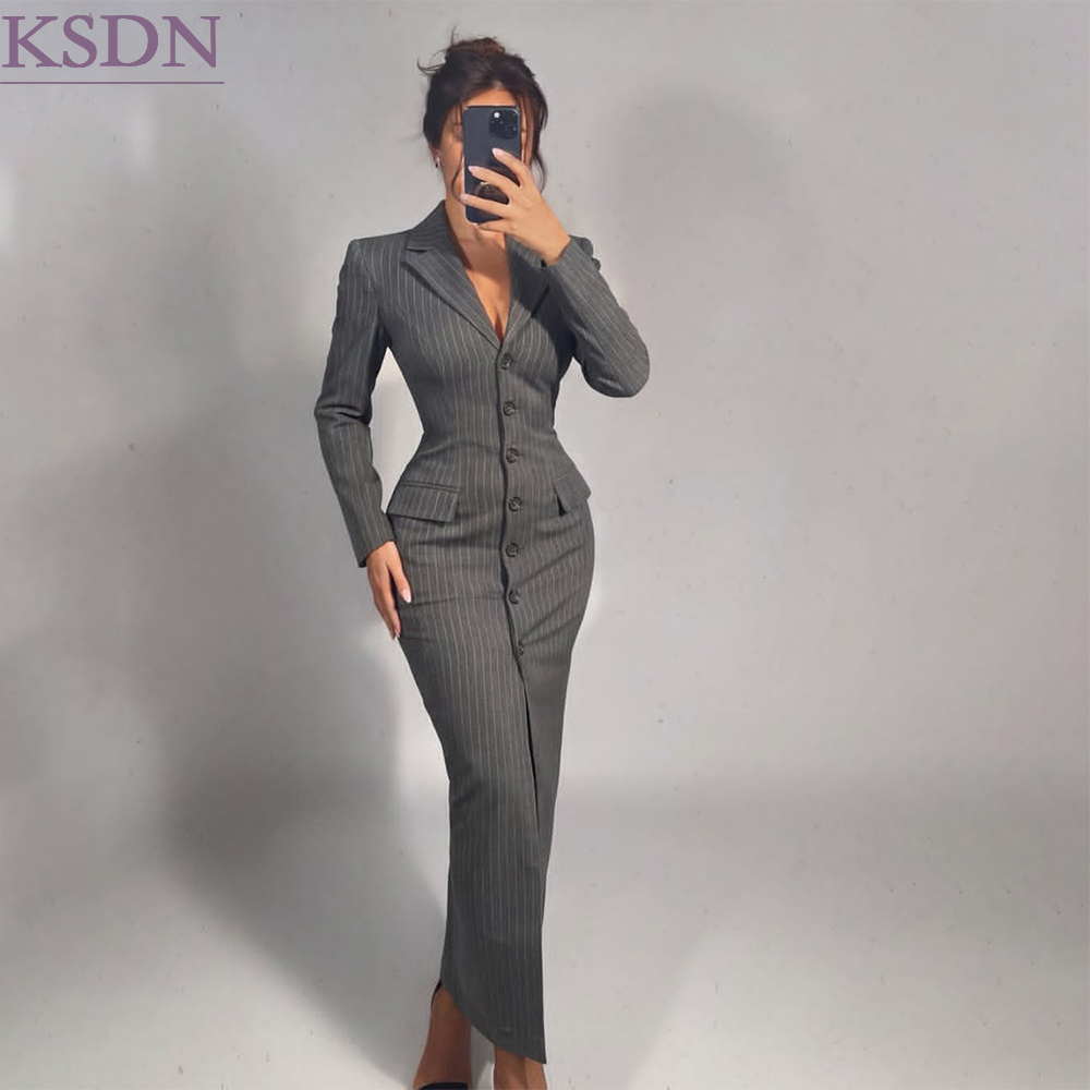 Formal Skirt - Grauer Damen-Blazer mit Nadelstreifenmuster, Rock, schmal