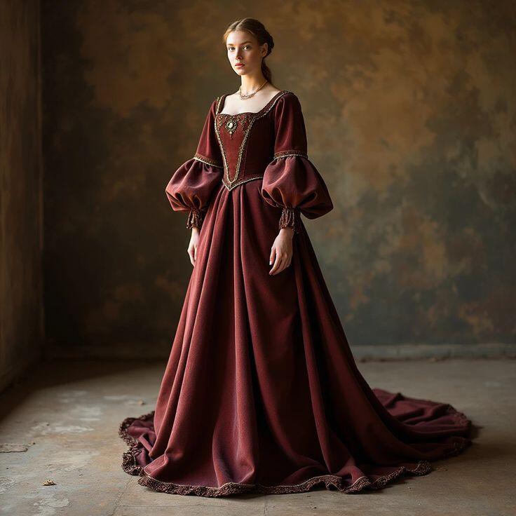Evening Gown - Vintage viktorianische Barock-Abendkleider, U-Ausschnitt, lange Ärmel,