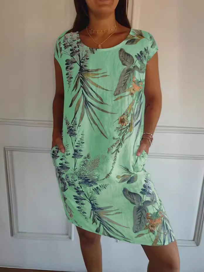 Midi Dress - Damen-Sommerkleid aus Baumwolle und Leinen, Rundhalsausschnitt,