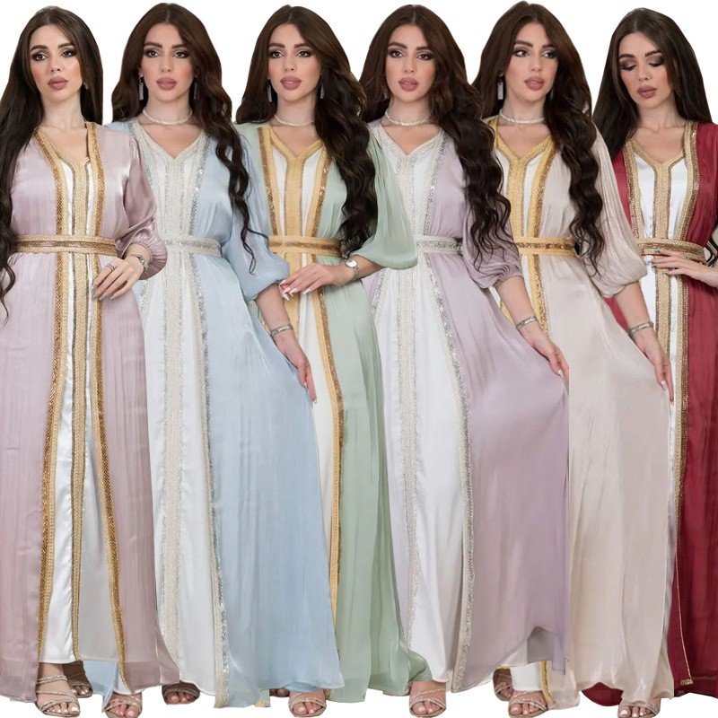 Formal Dress - Lavendel-Paillettenkleid mit V-Ausschnitt, Puffärmeln, Satinstoff, Gürtel